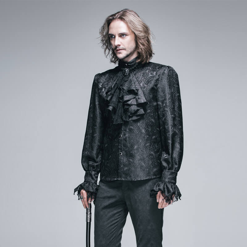 Gothic black men's shirt with tie collar, featuring vintage ruffles and long sleeves, perfect for steampunk style.